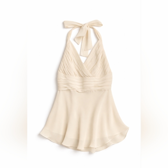 BCBG Max Azria 100% Silk Halter Top Cream Pleated Chiffon Tie Neck Flowy Blouse - Picture 2 of 2